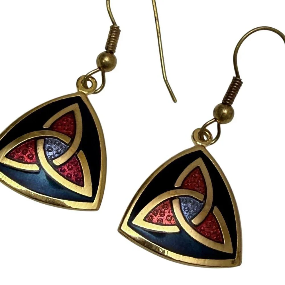 Celtic Enamel Earrings by Sea Gems Pierced Dangle Triangle Goldtone